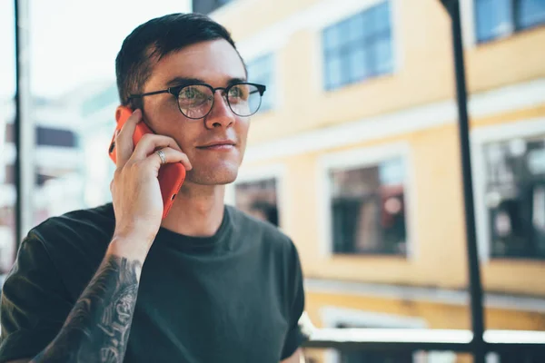 Young Millennial Guy Eyeglasses Vision Correction Calling Online Customer Service — Stock Photo, Image