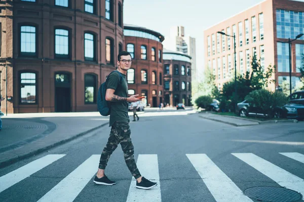 Full Length Portrait Handsome Hipster Guy University Backpack Strolling Urban — Stock Photo, Image