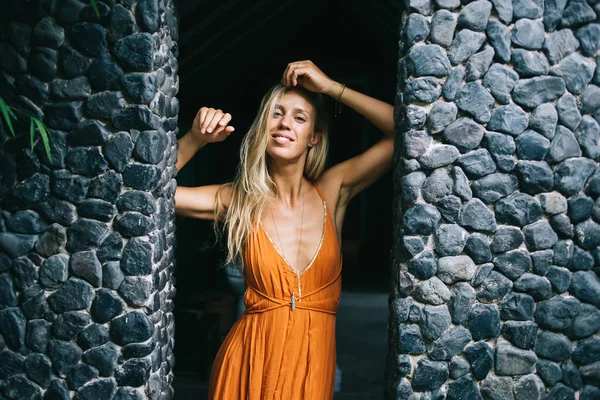 Beautiful Slim Blonde Female Long Hair Wearing Revealing Orange Dress — Stock Photo, Image