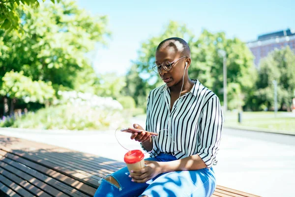 Calma Concentrada Mulher Negra Roupas Casuais Confortáveis Sentado Parque Banco — Fotografia de Stock