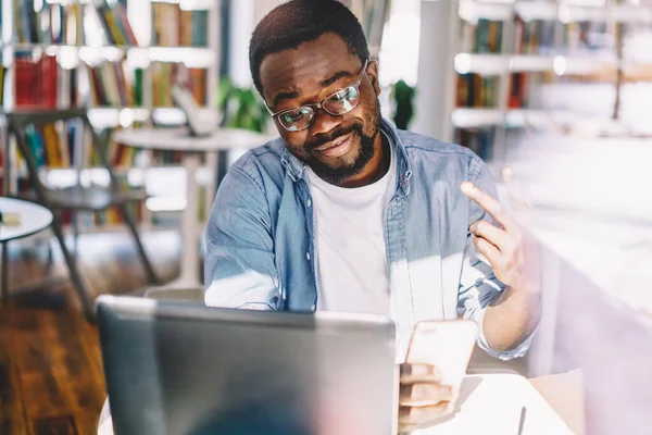 Happy Creative Black Male Designer Glasses Casual Clothes Taking Selfie — стоковое фото