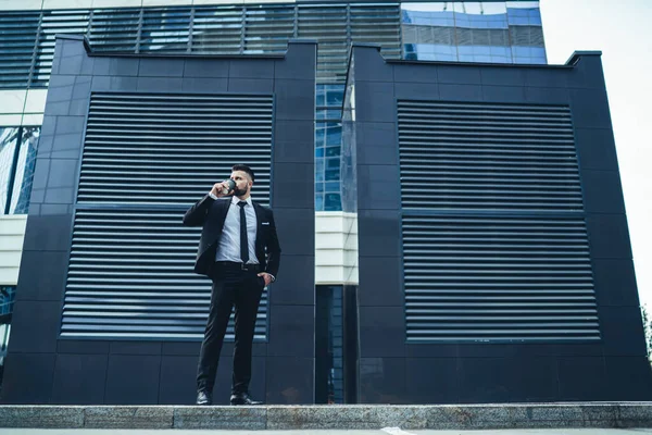 Relaxed Boss Suit Holding Hand Pocket Looking Away While Sipping — Stock Photo, Image