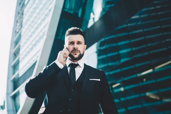 Low Angle Bearded Boss Suit Frowning Looking Camera While Standing — Stock Photo, Image