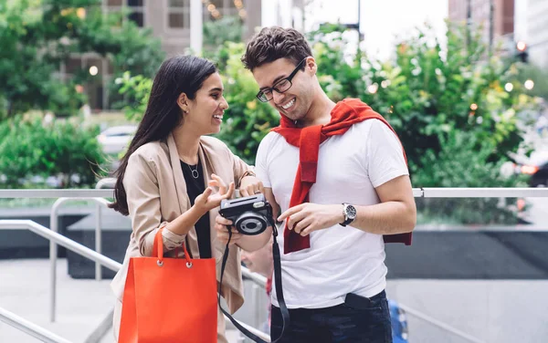 Smiling Content Multiethnic Couple Shopping Bag Resting Megapolis Street While — Stock Photo, Image