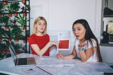 Gözlüklü ciddi bir sarışın iş planına işaret ediyor. Kafede gündelik kıyafetlerle dolaşan ve kameraya bakan etnik şaşkın bir kadınla kooperatif proje oluşturuyor.