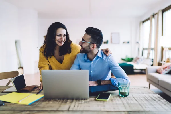 Couple Teleworkers Practice Laptop Young Enjoy Male Female Smiling Clinching — Stock Photo, Image