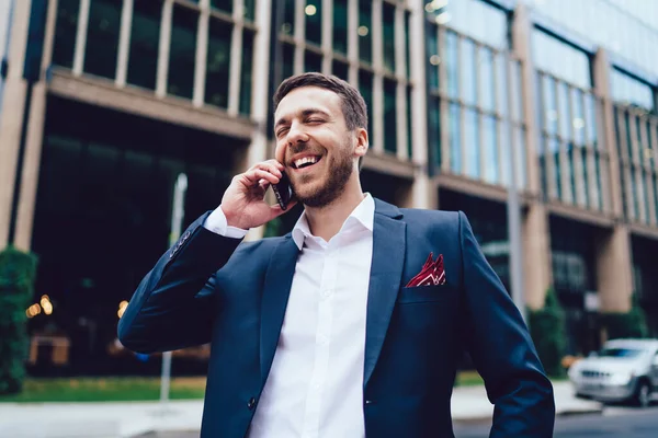 Low Angle Happy Leader Formal Wear Laughing Closed Eyes Standing — Stock Photo, Image