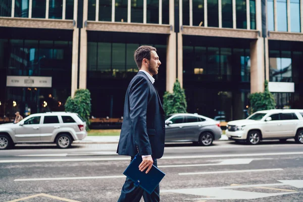 Side View Successful Male Formal Wear Carrying Notebook Walking Road — Stock Photo, Image