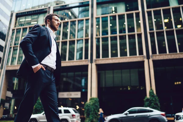 Successful Adult Businessman Suit Putting Hand Pocket Walking Pavement Break — Stock Photo, Image