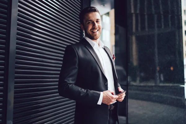 Cheerful Stylish Businessman White Shirt Dark Suit Mobile Phone Standing — Stock Photo, Image