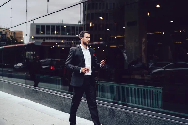 Hurried Smart Businessman Dark Elegant Suit Pocket Square Pocket Browsing — Stock Photo, Image