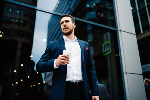 Thoughtful Businessman Dark Elegant Suit Pocket Square Pocket Coffee Looking — Stock Photo, Image