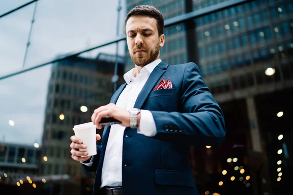 Serious Male Executive Stylish Formal Suit Checking Time Wristwatch While — Stock Photo, Image