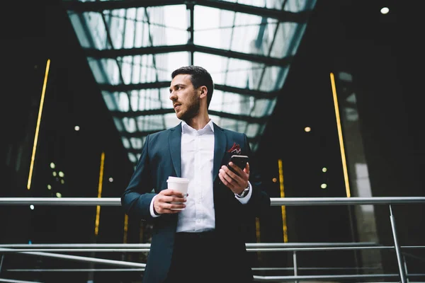 Bearded Male Manager Formal Suit Coffee Mobile Phone Hands Looking — Stock Photo, Image