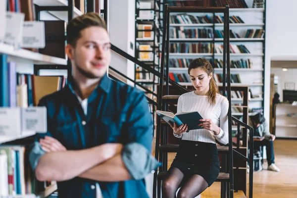 Intellectual Smart Clever Students Casual Clothes Choosing Reading Interesting Books — Stock Photo, Image