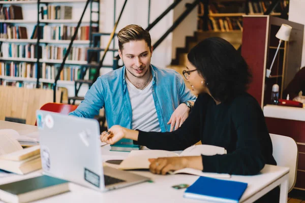 Handsome Happy Student Creating University Project African American Young Woman — Stock Photo, Image