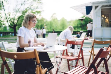 Gözlüklü, meşgul ve odaklanmış bir kadının güneşli bir kafede oturması ve dizüstü bilgisayarla taze kahve içerek mesaj yazması.