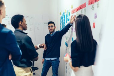 Resmi olarak etnik erkek yönetici duvara yapışkan notlarla işaret ederek modern ofisteki iş arkadaşlarıyla proje hakkında konuşurken 