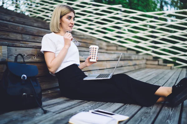 Side View Pensive Adult Female Formal Clothes Glasses Takeaway Drink — Stock Photo, Image