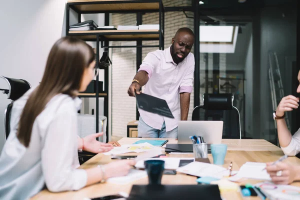 Dissatisfied Modern African American Leader Presenting Data Paper Colleagues Frowning — Stock Photo, Image