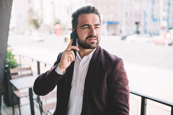 Bearded Hispanic Man Formal Wear Looking Away Thinking While Having — Stock Photo, Image