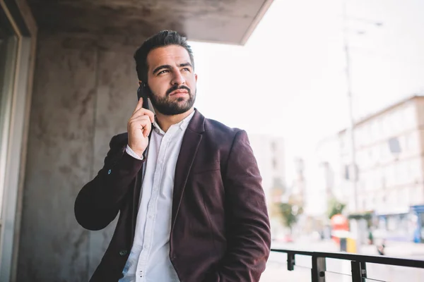 Thoughtful Caucasian Male Trendy Formal Jacket Spending Time Outdoors Having — Stock Photo, Image