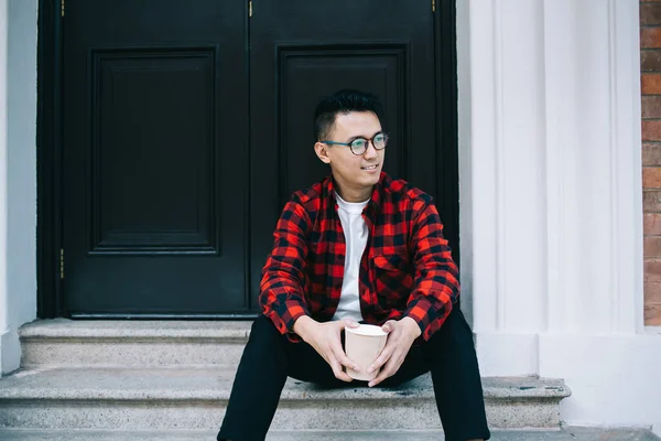 Trendy Asian Male Student Stylish Glasses Casual Plaid Shirt Having — Stock Photo, Image