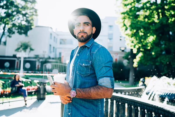 Low Angle Trendy Determined Hispanic Freelancer Hat Denim Jacket Takeaway — Stock Photo, Image