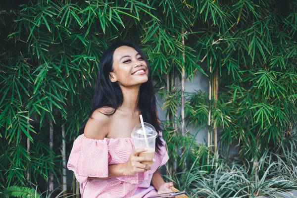 Delighted Beautiful Young Asian Woman Pink Shoulder Dress Smartphone Drinking — Stock Photo, Image