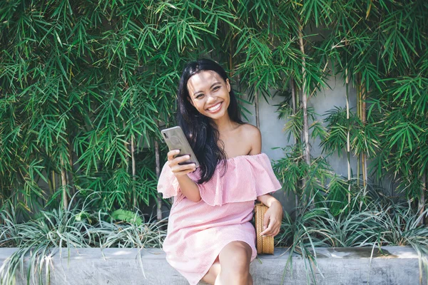 Relaxed Smiling Beautiful Young Asian Woman Pink Shoulder Dress Using — Stock Photo, Image