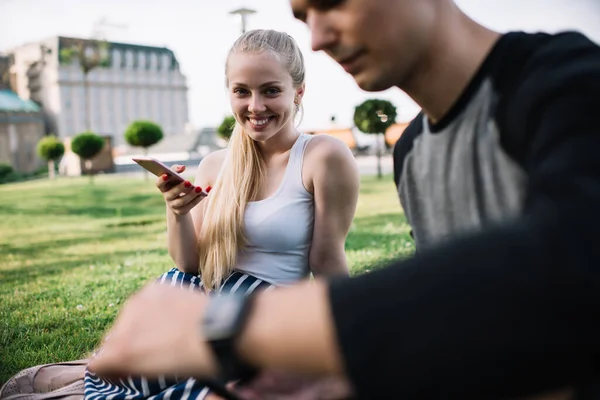 Smiling Young Female White Tank Top Using Mobile Phone Looking — Stock Photo, Image