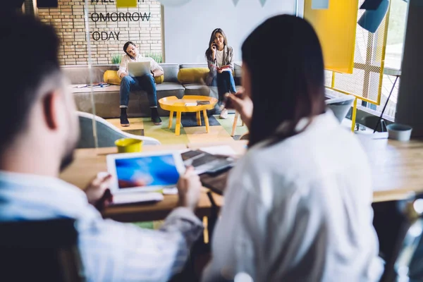 Back View Blurred Modern Office Employees Working Tablet Coworkers Sitting — Stock Photo, Image