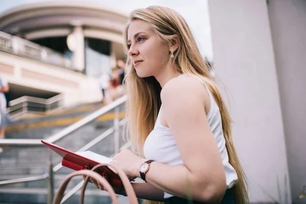 Side View Young Dreamy Blonde Female White Tank Top Standing — Stock Photo, Image