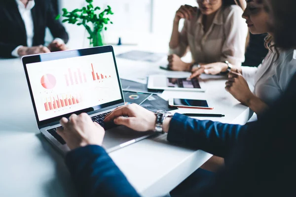 Crop Competent Casual Young Office Workers Using Tablet Laptop Statistics — Stock Photo, Image