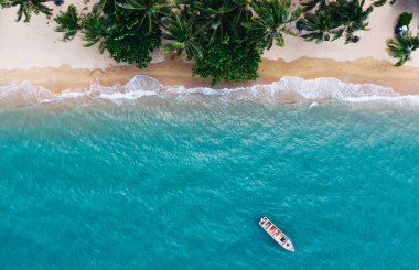 Turkuaz su dalgaları ve yeşil tropikal palmiyelerle dolu pitoresk kıyı şeridi manzarası. Hawaii kıyılarında teknesi olan cennet manzaralı bir sahil. Yaz tatili için gidilecek yer. 