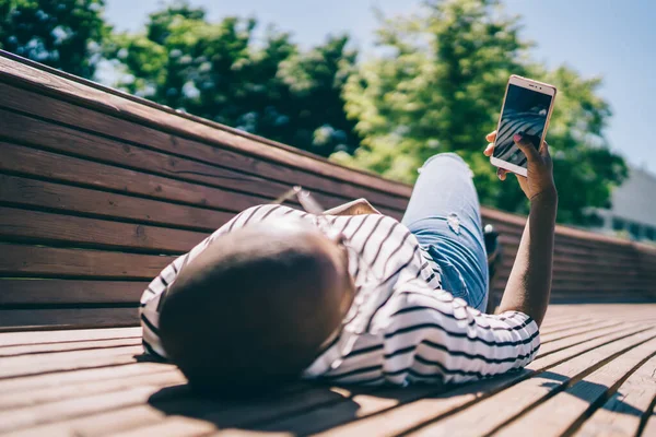 African American Calm Faceless Female Short Hair Browsing Modern Smartphone — Stock Photo, Image