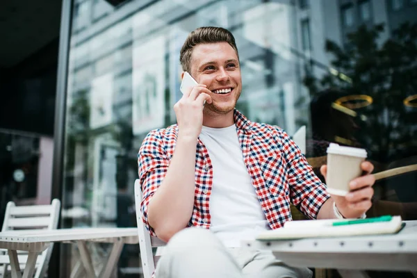 Smiling Intellectual White Toothed Male Wearing Shirt White Shirt Chatting — Foto de Stock