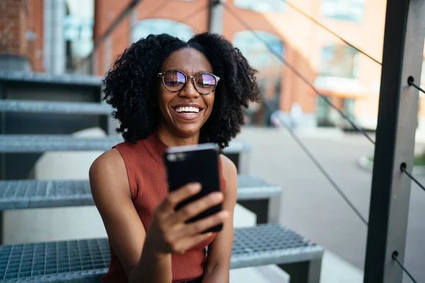 Happy African American Laughing Lady Casual Clothes Glasses Afro Hairstyle — Stock Photo, Image