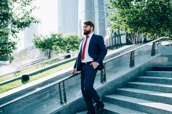 Side View Bearded Thoughtful Tall Businessman Elegant Suit Red Tie — Stock Photo, Image