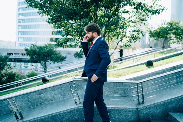 Confident Executive Male Formal Clothes Hand Pocket Discussing Partner Work — Stock Photo, Image