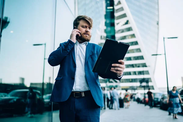 Serious Attentive Dedicated Businessman Elegant Clothes Focusing Papers Discussing Information — Stock Photo, Image