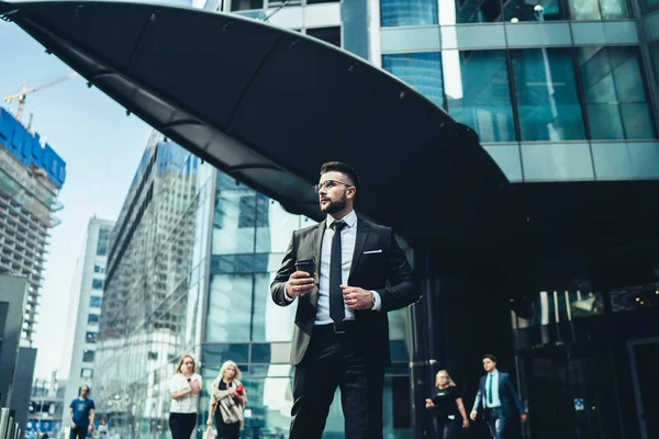 Confident Successful Trendy Man Formal Suit Coffee Takeaway Standing Modern — Stock Photo, Image