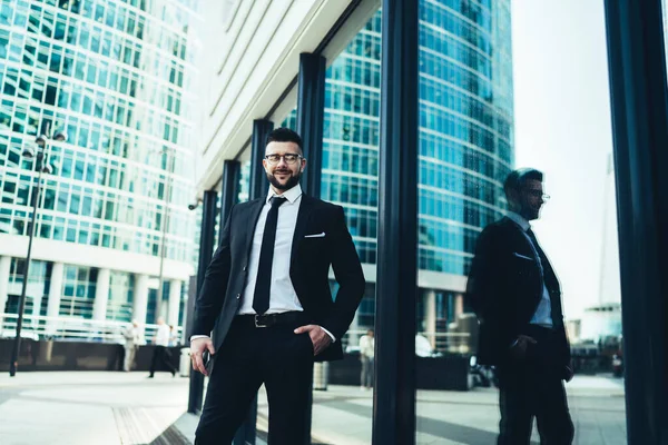 Smiling Successful Executive Man Eyeglasses Business Suit Standing Hand Pocket — Stock Photo, Image