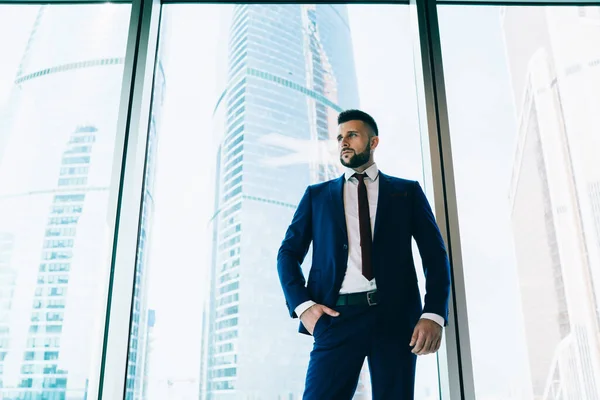 Successful Proud Manager Standing Confidently Hand Pocket Office Window Towers — Stock Photo, Image