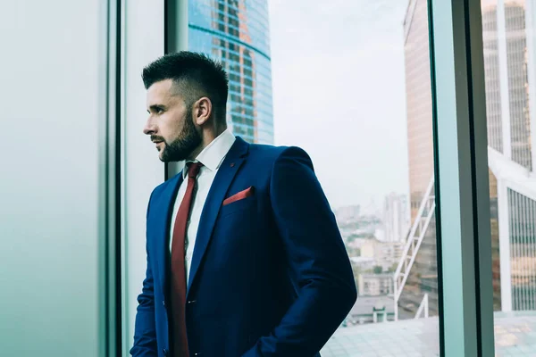 Handsome Determined Businessman Elegant Blue Suit Red Tie Looking Away — Stock Photo, Image
