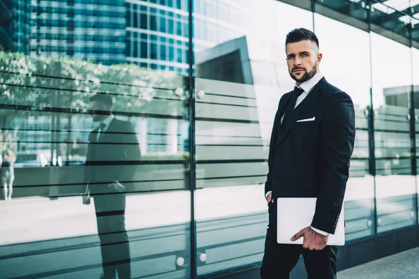 Serious Bearded Boss Tablet Holding Hand Pocket Looking Camera While — Stock Photo, Image