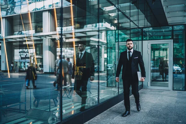 Full Body Positive Bearded Businessman Tablet Looking Away Thinking While — Stock Photo, Image