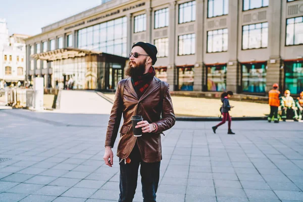 Bearded Male Black Cap Dressed Brown Leather Coat Standing Cup — Stock Photo, Image