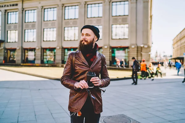 Bearded Male Black Cap Dressed Brown Leather Coat Scarf Standing — Stock Photo, Image