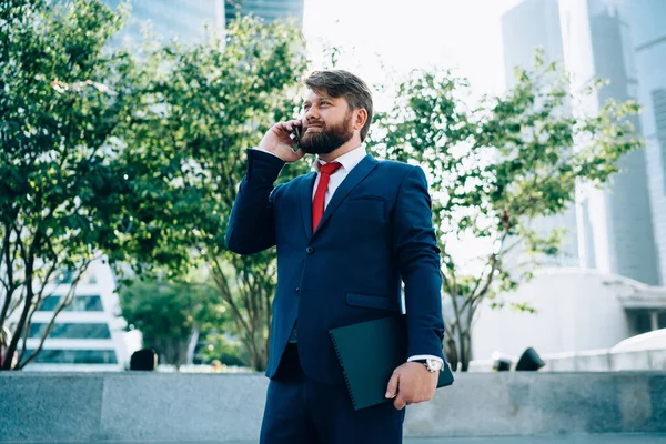 Bearded Businessman Wearing Suit Red Tie Waiting Client Making Call — Stock Photo, Image